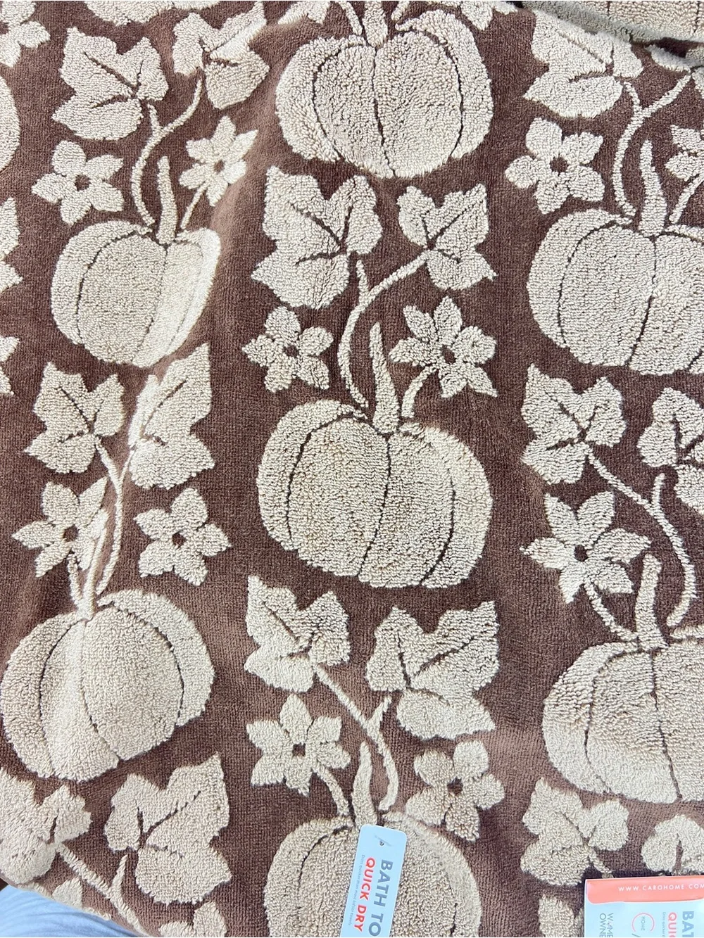 Caro Home Bath Towels Pumpkins Leaves Brown Tan Soft Cotton FALL Decor  2 Pc NEW
